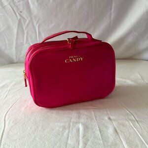 Prada Candy zippered bag, bright pink with gold accents, 7.5”x 5.5” x 3”.